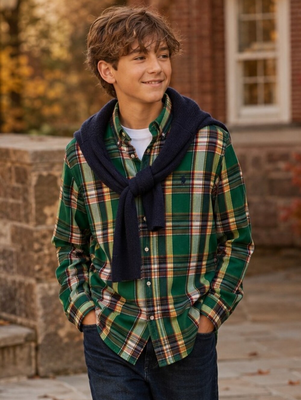 Ralph Lauren Youth Plaid Cotton Oxford Shirt Green/Blue/Yellow 14-16 YLg